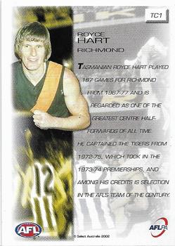 2002 Select AFL Exclusive SPX - Tribute #TC1 Royce Hart Back